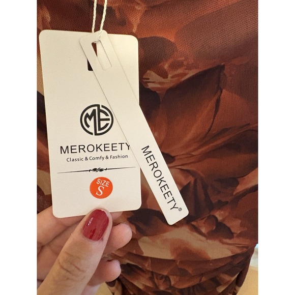 Merokeety Women Long Sleeve Bodycon Mesh Mock Neck Rouged Maxi Dress-S NWT - Picture 2 of 4